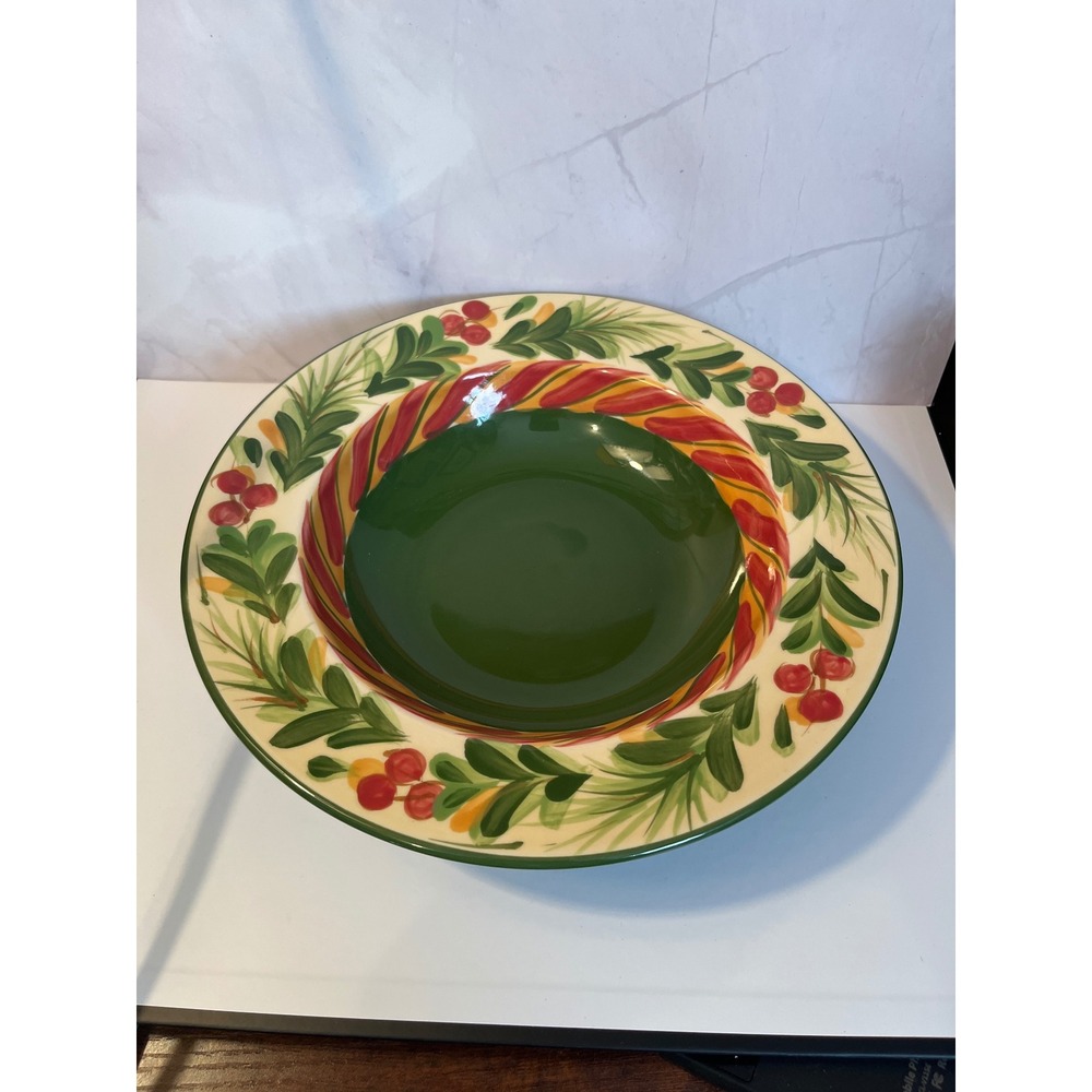 Gail Pittman 2002 Hand Painted‎ Christmas Holly Berry 12 Inch Pasta Serving Bowl
